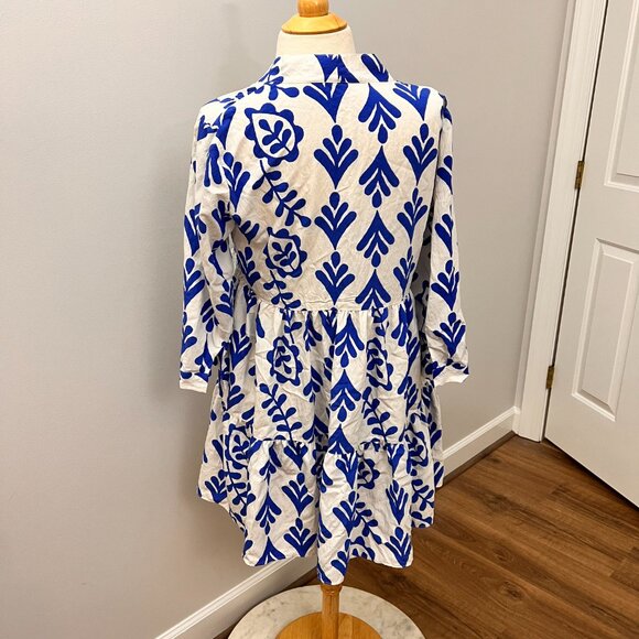 Zara Blue White Bold Print Tiered Swing Dress Sz M - Picture 3 of 11